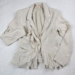 Mazik Beige Ruffle Linen Blend Blazer  Small Office Work Professional Demure *